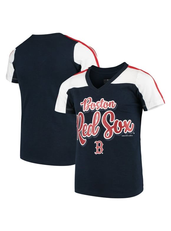 Girls Youth 5th & Ocean by New Era Navy Boston Red Sox Striped V-Neck T-Shirt