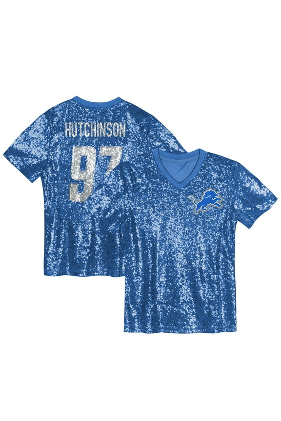 Girls Youth Aidan Hutchinson Blue Detroit Lions Sequin V-Neck Fashion Jersey