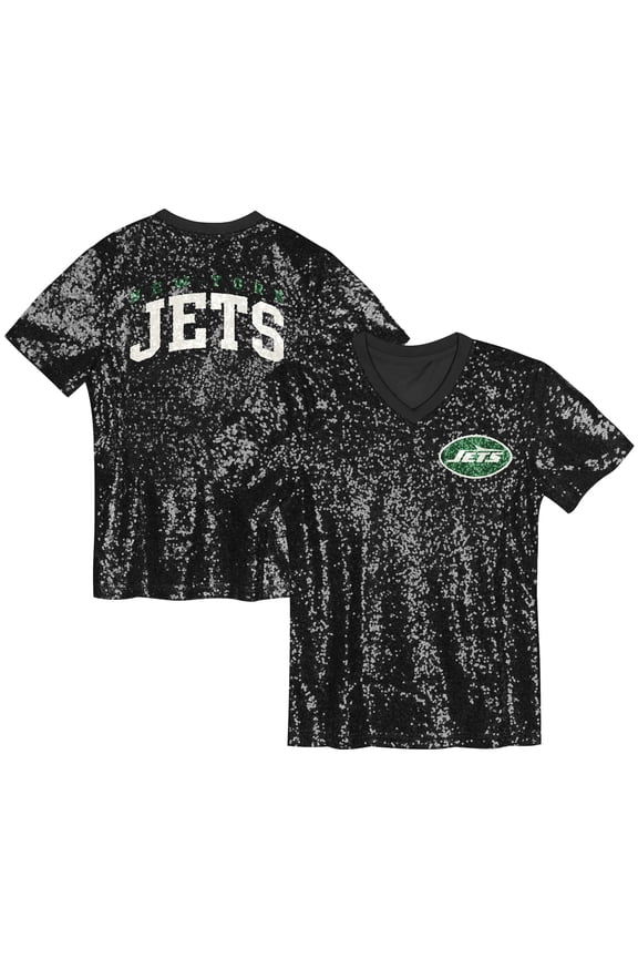 Girls Youth Black New York Jets Wordmark Sequin V-Neck Top