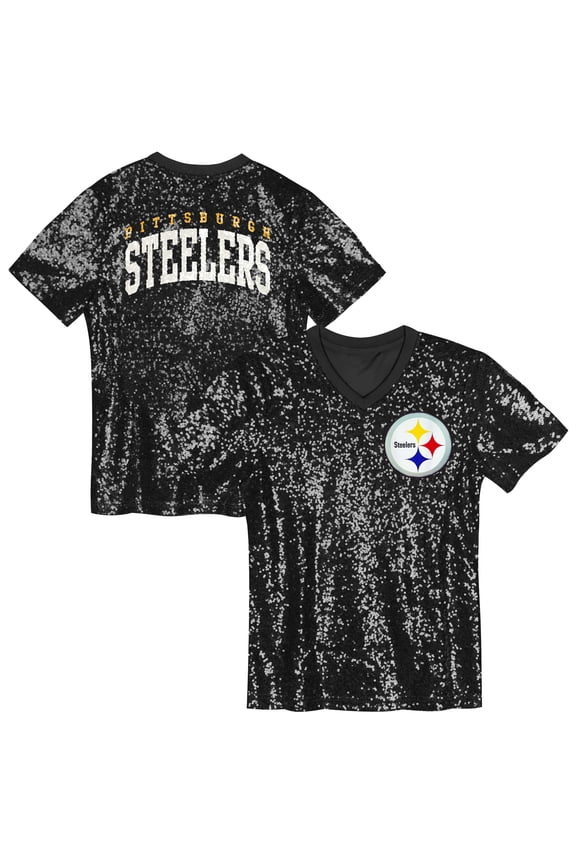 Girls Youth Black Pittsburgh Steelers Wordmark Sequin V-Neck Top