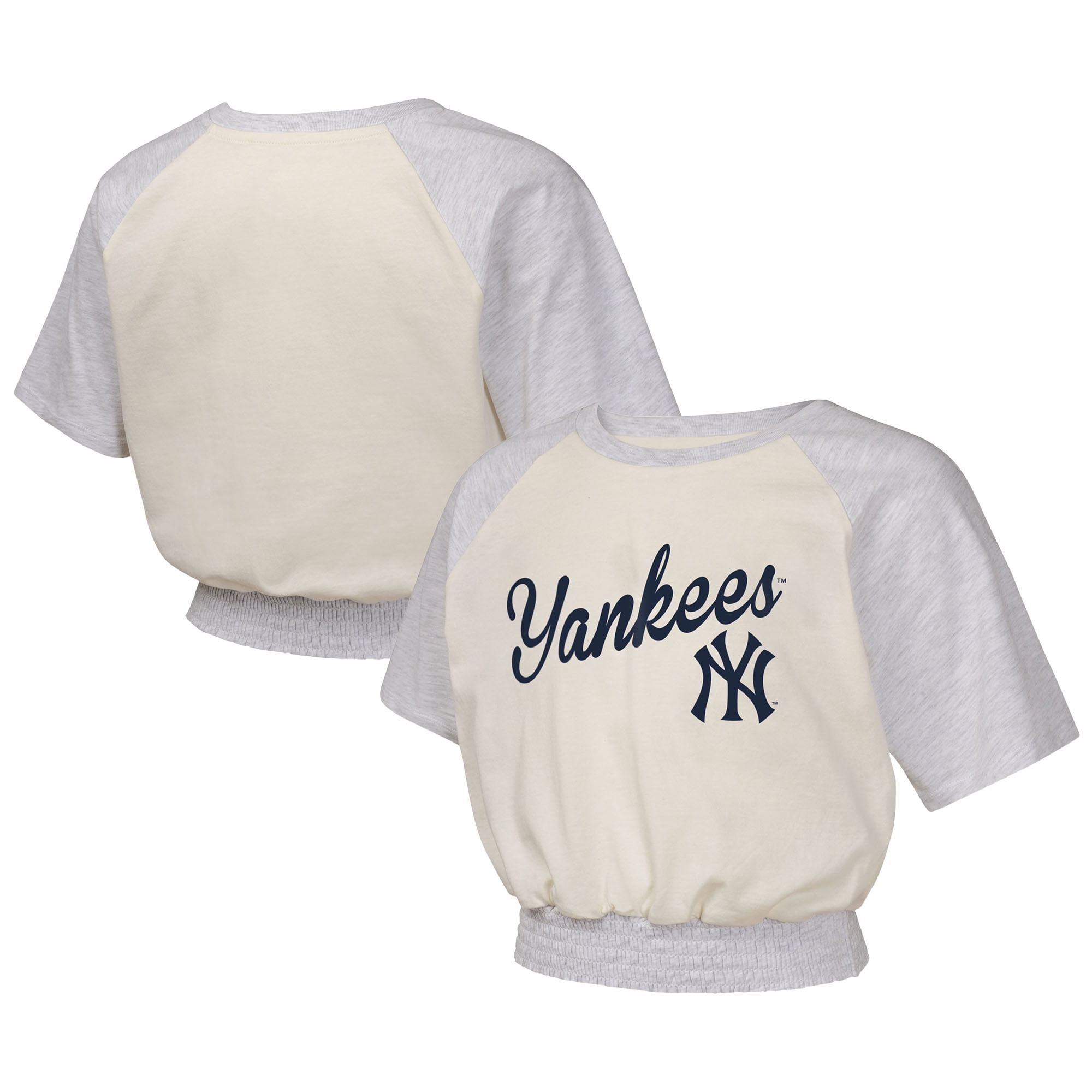 T-shirt raglan blanc/bleu marine pour femme des Yankees de New York avec col cranté