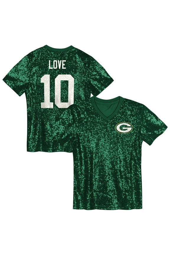 Girls Youth Jordan Love Green Green Bay Packers Sequin V-Neck Fashion Jersey