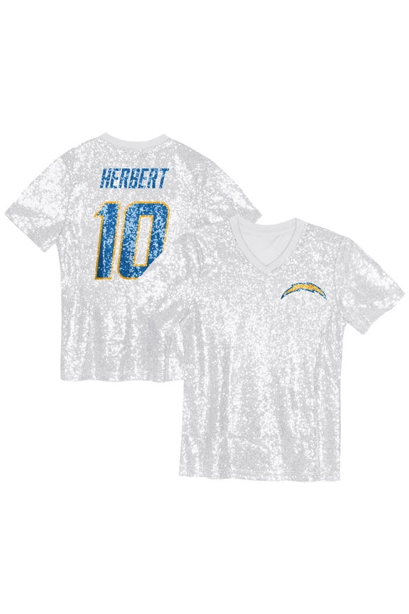 Girls Youth Justin Herbert Powder Blue Los Angeles Chargers Sequin V-Neck Fashion Jersey
