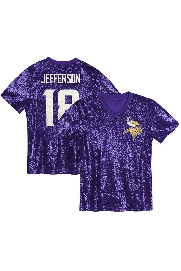Girls Youth Justin Jefferson Purple Minnesota Vikings Sequin V-Neck Fashion Jersey
