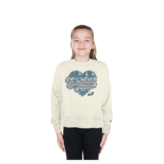 Girls Youth New Era Light Beige Philadelphia Eagles Flip Sequin Crewneck Sweatshirt
