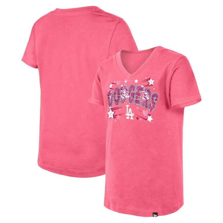 Girls Youth New Era Pink Los Angeles Dodgers Sequin V-Neck T