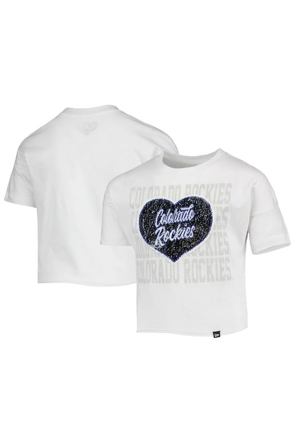 Girls Youth New Era White Colorado Rockies Flip Sequin Heart Crop Top