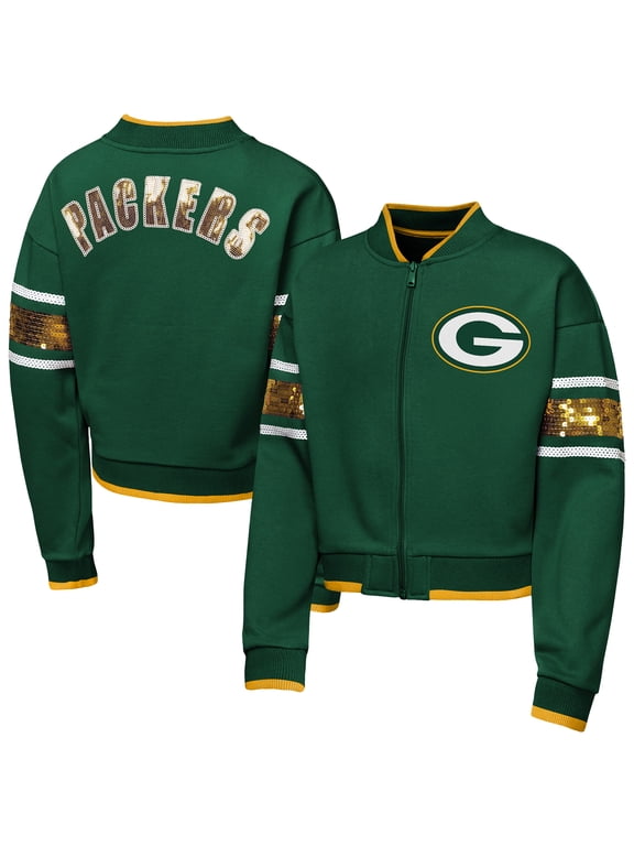 Girls Youth Outerstuff Green Green Bay Packers MVP Full-Zip Sequin Bomber Jacket