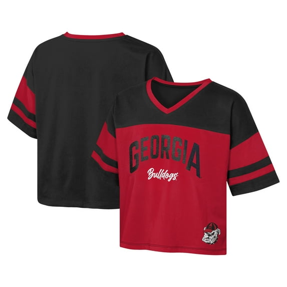 Girls Youth Red Georgia Bulldogs The Playmaker Sleeve Stripe V-Neck Jersey T-Shirt