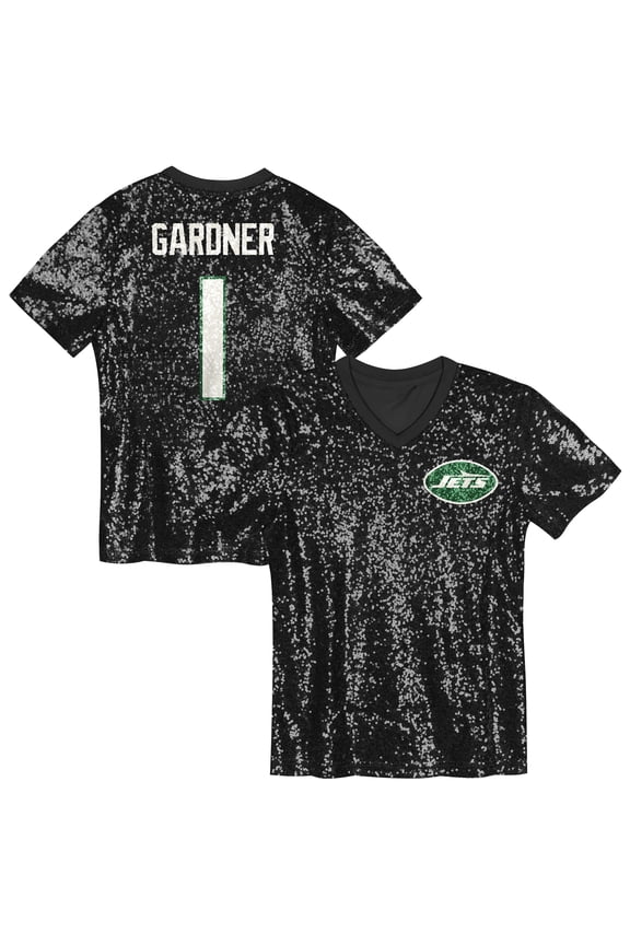 Girls Youth  Sauce Gardner Black New York Jets Sequin V-Neck Fashion Jersey
