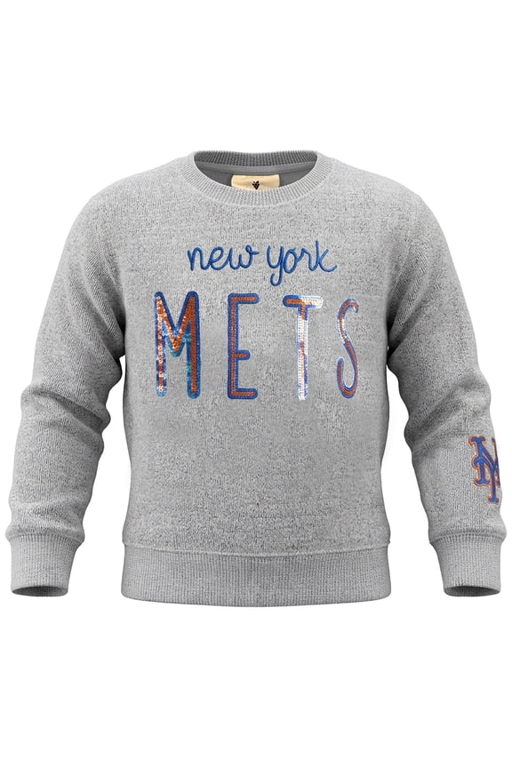 Girls Youth Soft as a Grape  Heather Gray New York Mets Nantucket Sequin Fleece Crewneck Sweatshirt