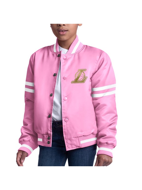 Girls Youth Starter Pink Los Angeles Lakers Fashion Script Full-Snap Varsity Jacket