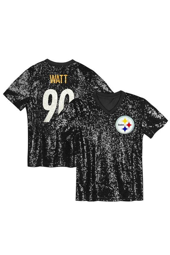 Girls Youth T.J. Watt Black Pittsburgh Steelers Sequin V-Neck Fashion Jersey