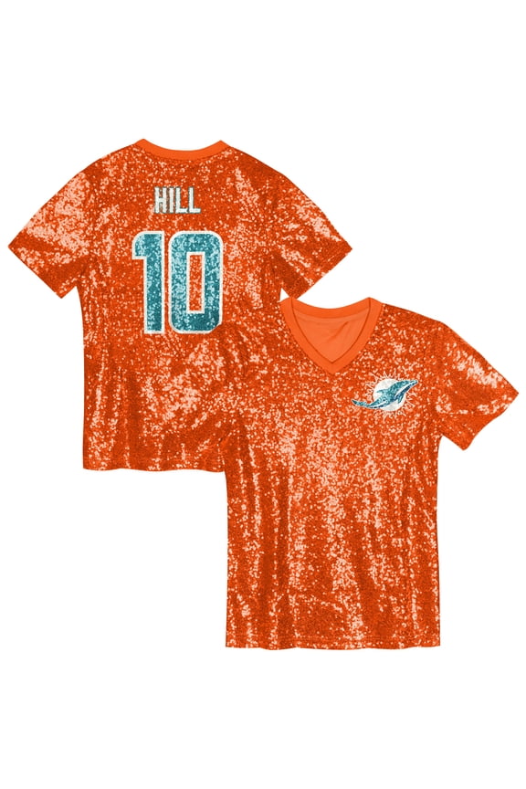 Girls Youth Tyreek Hill Orange Miami Dolphins Sequin V-Neck Fashion Jersey