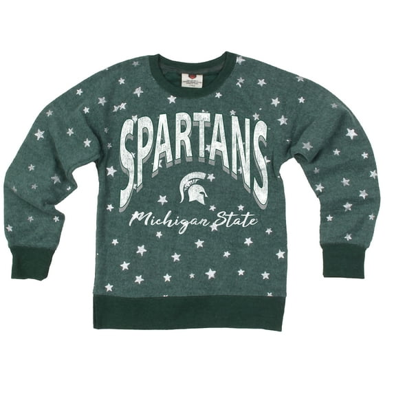 Girls Youth Wes & Willy Green Michigan State Spartans Shimmer Star Reverse Sweatshirt