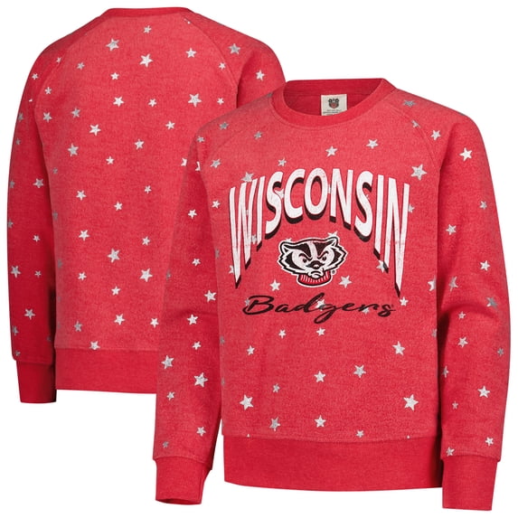 Girls Youth Wes & Willy Red Wisconsin Badgers Shimmer Star Reverse Sweatshirt