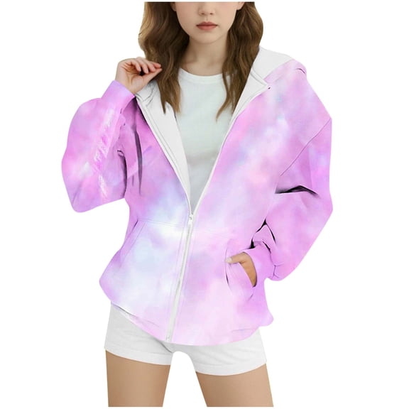 Girls Zip Up Hoodie Kids Fashion Tie Dye Gradient Oversized Long Sleeve Sweatshirt Jacket with Pockets Teen Girls Cute Preppy Zipper Hooded Sweatshirts Coats Casual Loose Fall Winter Clothes