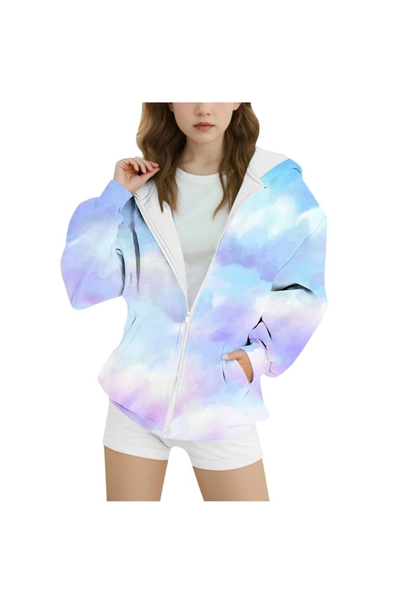 Girls Zip Up Hoodie Kids Fashion Tie Dye Gradient Oversized Long Sleeve Sweatshirt Jacket with Pockets Teen Girls Cute Preppy Zipper Hooded Sweatshirts Coats Casual Loose Fall Winter Clothes