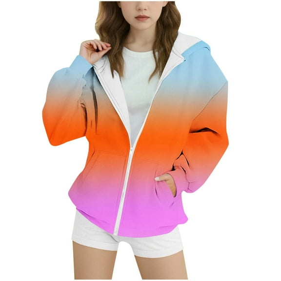 Girls Zip Up Hoodie Little Kids Fashion Oversized Gradient Sweatshirt Jacket with Pockets 4-15 Years Kids Hooded Coats Teen Girl Cute Preppy Hoodies Sweatshirts Workout Activewear Clothes