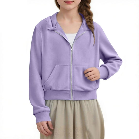 Girls Zip Up Hoodie Plain Sweatshirt Girls Hoodies Warm Fleece Jacket Kids Pullover Crew Neck Long Sleeve Top Coat Soft Fall Sweatshirts Jumper Outwear with Pockets