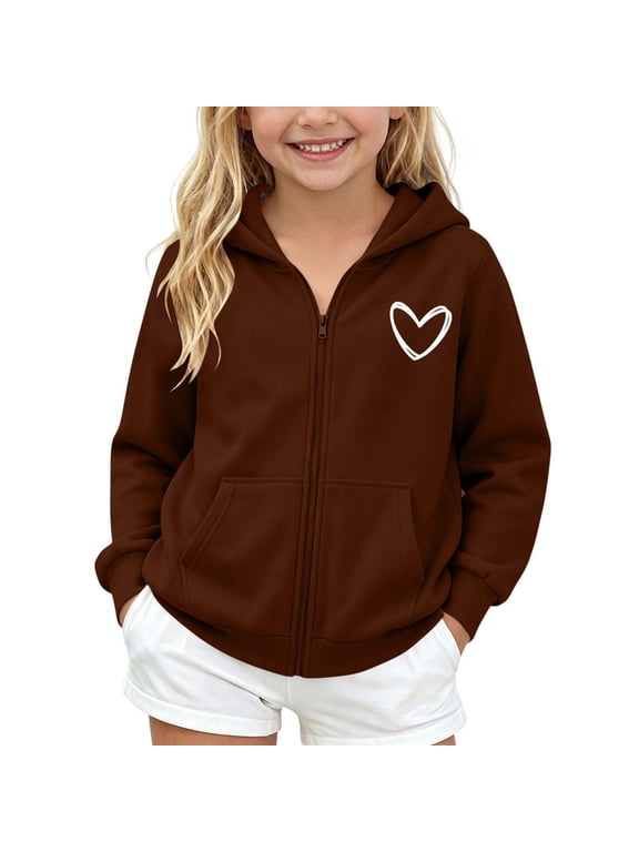 Girls Zip Up Hoodies Fleece Sweatshirt Casual Full Zip Up Long Sleeve Heart Printed Warm Uniform Jacket Fall Winter Fashion Coat with Pockets Brown 13-14 Years