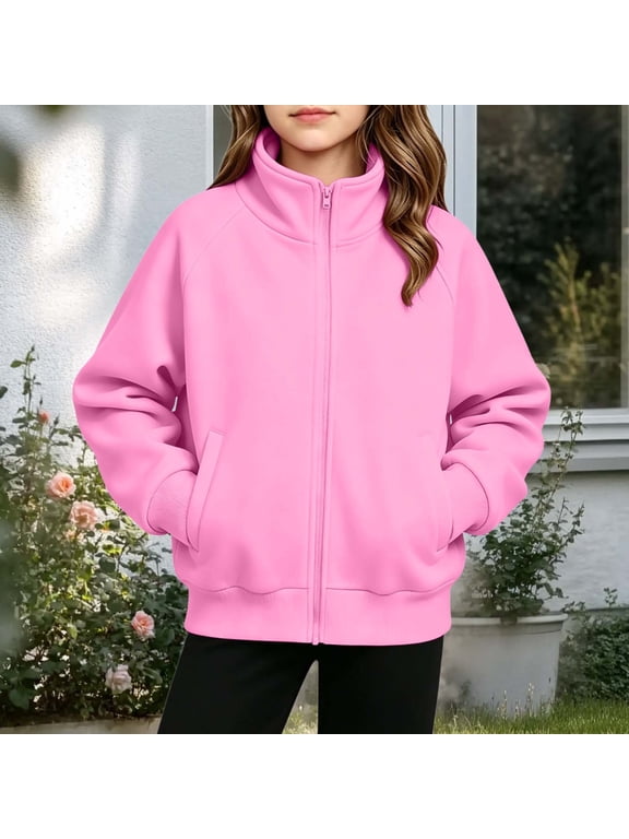 Girls Zip Up Hoodless Sweatshirts,Cozy Turtleneck Fall Loose Long Sleeve ,Trendy Teen Solid Color Jackets with With Thumbholes Pockets Pink 13-14 Years