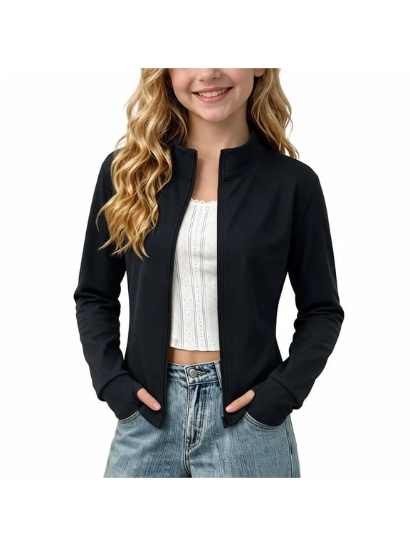 Girls Zip Up Athletic Jacket Lightweight Yoga Workout Jackets with Thumbhole Cuffs Stretch Fit for Tennis, Dance and Outdoor Activities