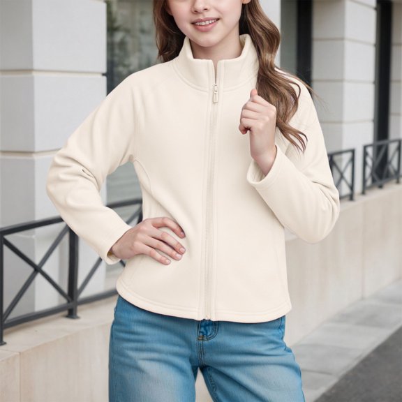 Girls Zip Up Fleece Jacket Fall Sherpa Sweatshirts Coat with Pockets (Beige 4-5 Years)