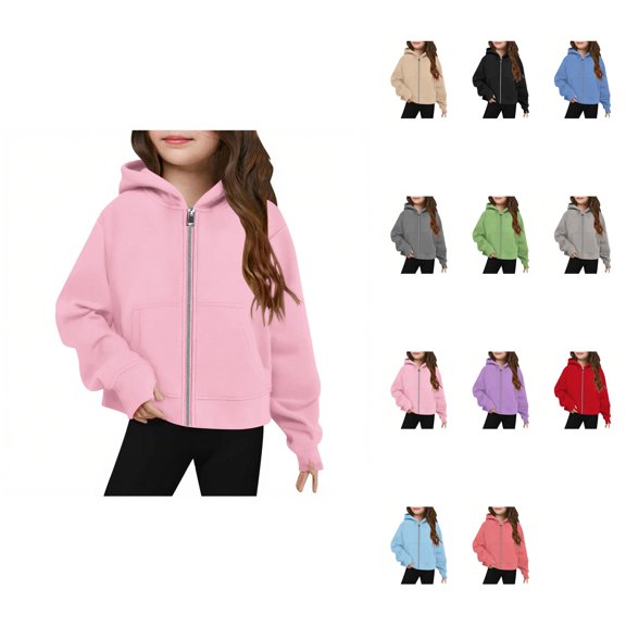 Girls Zip-Up Hooded Sweatshirt, Oversized Textured Winter Jacket with Pockets for Teens & Kids 5-14 Years, Cozy Fall Fashion Outerwear