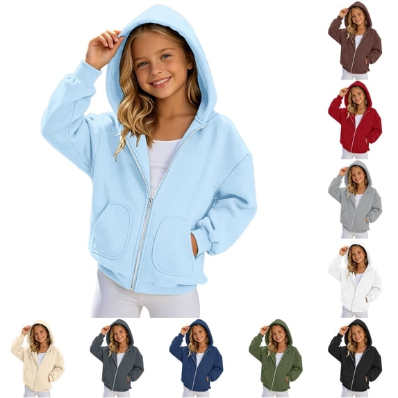 Girls Zip Up Hooded Sweatshirt Solid Color Lightweight Jacket with Pockets Casual Comfortable Daily Wear