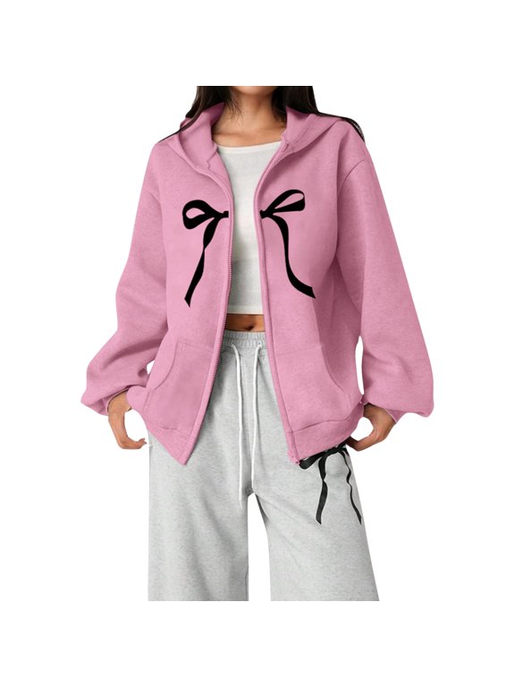Girls Zip Up Hoodie Bow Print Cute Casual Jacket Hooded Sweatshirt, Grey, 7-8 Years,00#&-Pink197,(7-8 Years)