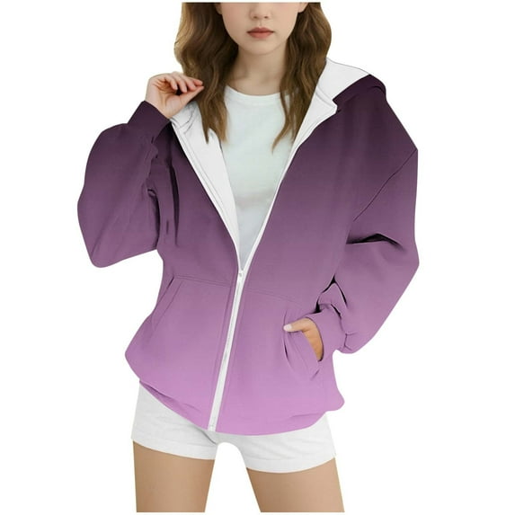 Girls Zip Up Hoodie - Casual Gradient Print Long Sleeve Hooded Jackets 2 Pockets Lightweight Zipper Sweatshirt with Hood