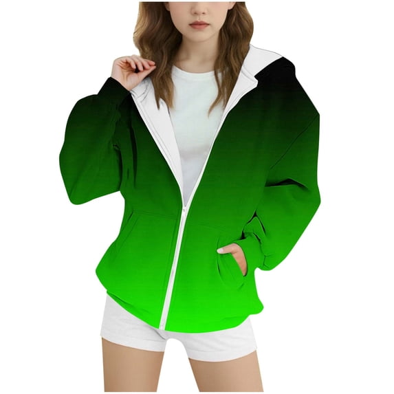 Girls Zip Up Hoodie - Casual Gradient Print Long Sleeve Hooded Jackets 2 Pockets Lightweight Zipper Sweatshirt with Hood