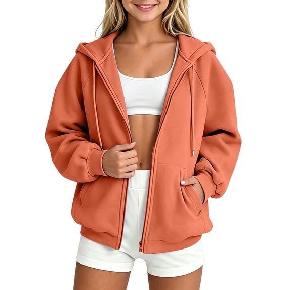 Girls Zip Up Hoodie Casual Solid Color Hooded Long Sleeve Sweatshirt Girls Loose Plain Jacket with Pockets
