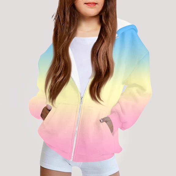 Girls Zip Up Hoodie Gradient Print Long Sleeve Casual Loose Fit Hooded Sweatshirt Jacket for Youth Beige 140