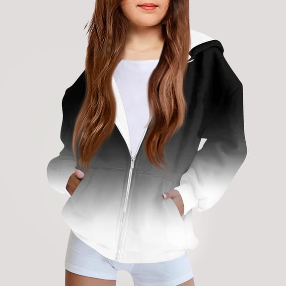 Girls Zip Up Hoodie Gradient Print Long Sleeve Casual Loose Fit Hooded Sweatshirt Jacket for Youth Black 120