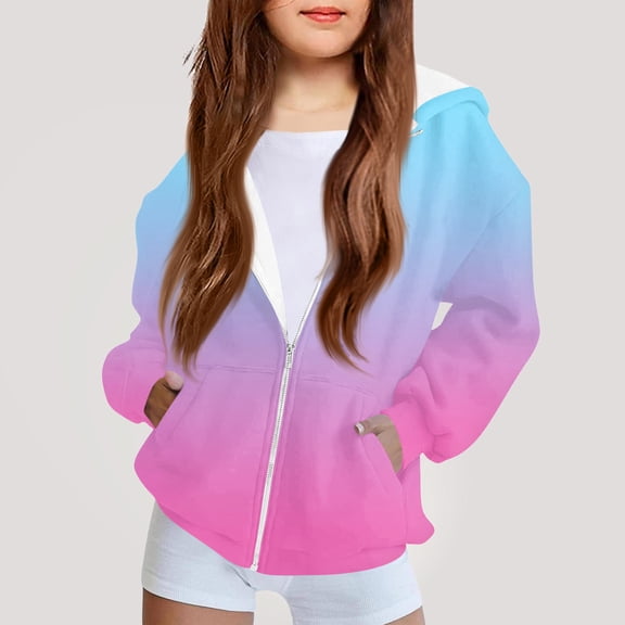 Girls Zip Up Hoodie Gradient Print Long Sleeve Casual Loose Fit Hooded Sweatshirt Jacket for Youth Light Blue 110