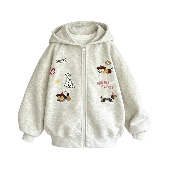 Girls Zip Up Hoodie Jacket Cute Cartoon Embroidered Hooded Sweatshirt Boys Oversized Drop Shoulder Coat Lightweight Outerwear
