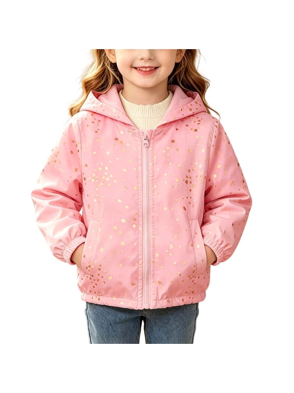 Girls Zip Up Hoodie Jacket Long Sleeve Coat with Pockets,Cute Foil Heart Print Windbreaker Warm Daily Home Outdoor Winter Wear,Pink,6T