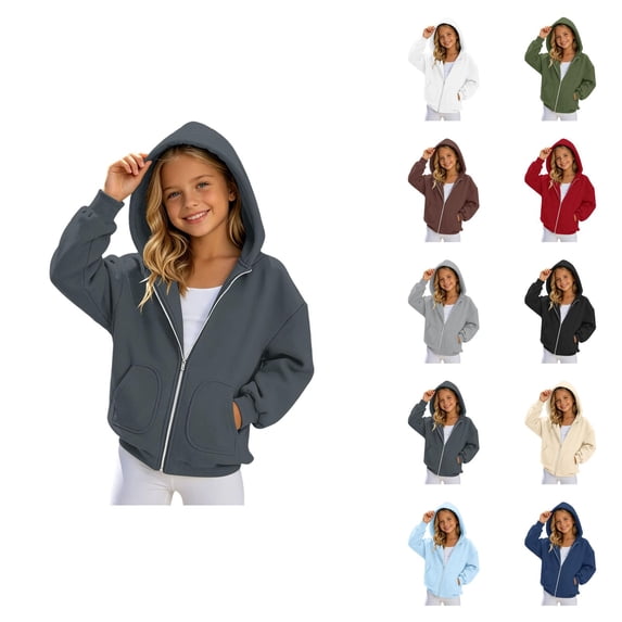 Girls Zip Up Hoodie Sweatshirt Solid Color Jacket Long Sleeve Crewneck Lightweight Casual Cardigan for Kids