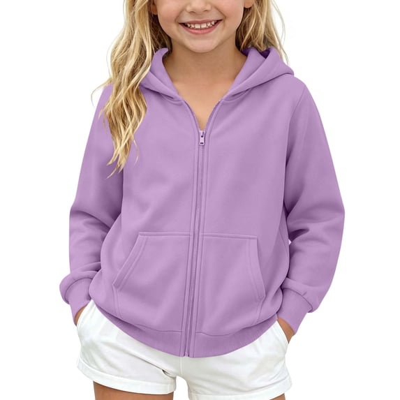 Girls Zip Up Hoodies Fleece Sweatshirt Casual Full Zip Up Long Sleeve Warm Uniform Jacket Fall Winter Fashion Coat with Pockets Purple 5-6 Years