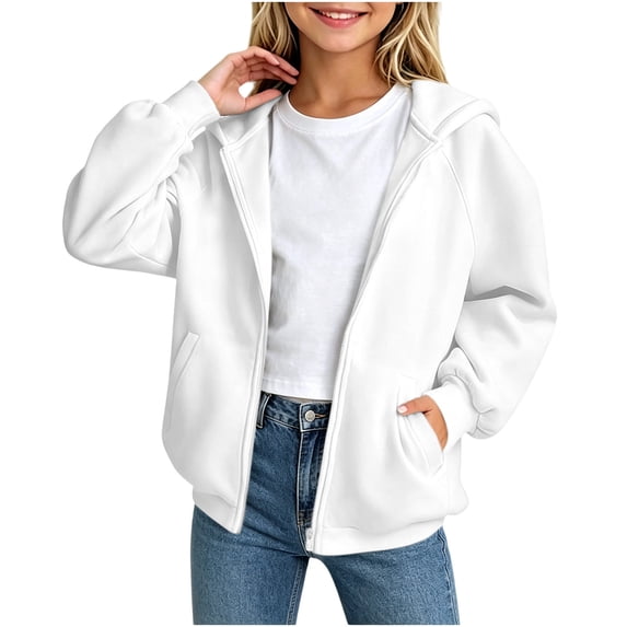 Girls Zip Up Hoodies, Teen Full-Zip Hooded Sweatshirt Jacket, Casual Fall Long Sleeve Solid Lightweight Outerwear with Pockets White 150