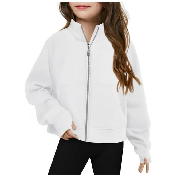 Girls Zip Up Jacket No Hood Cozy Front Zipper Crop Sweatshirt Jackets with Thumb Holes Pockets Long Sleeve Coat, 13 Years White