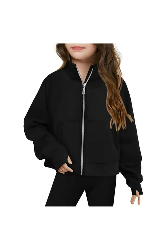 Girls Zip Up Jacket No Hood Cozy Front Zipper Crop Sweatshirt Jackets with Thumb Holes Pockets Long Sleeve Coat, 5 Years Black