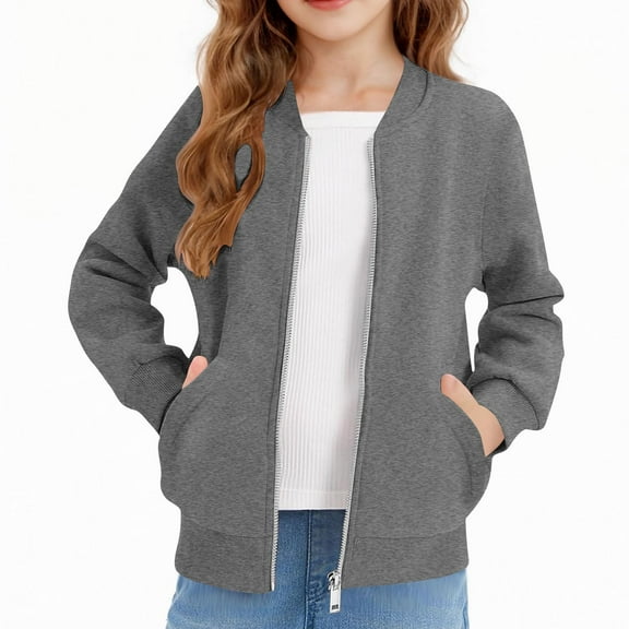 Girls Zip Up Jackets Kids Fall Long Sleeve Cotton Sweatshirts Casual Loose Coats Outerwear with Pockets 5-14 years Baseball Lapel Jacket
