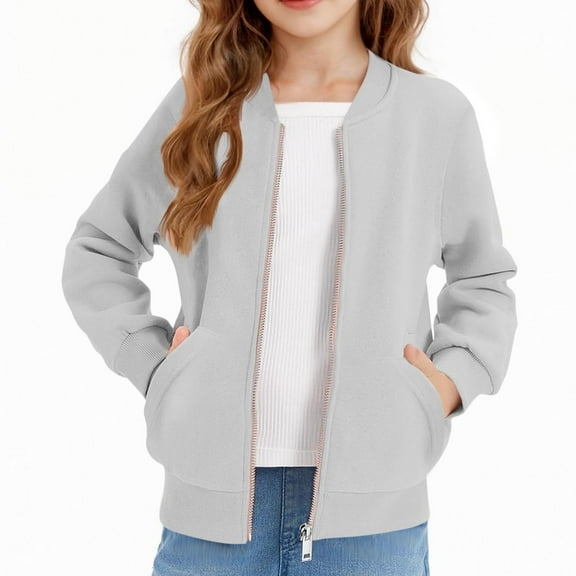 Girls Zip Up Jackets Kids Fall Long Sleeve Cotton Sweatshirts Casual Loose Coats Outerwear with Pockets 5-14 years Baseball Lapel Jacket