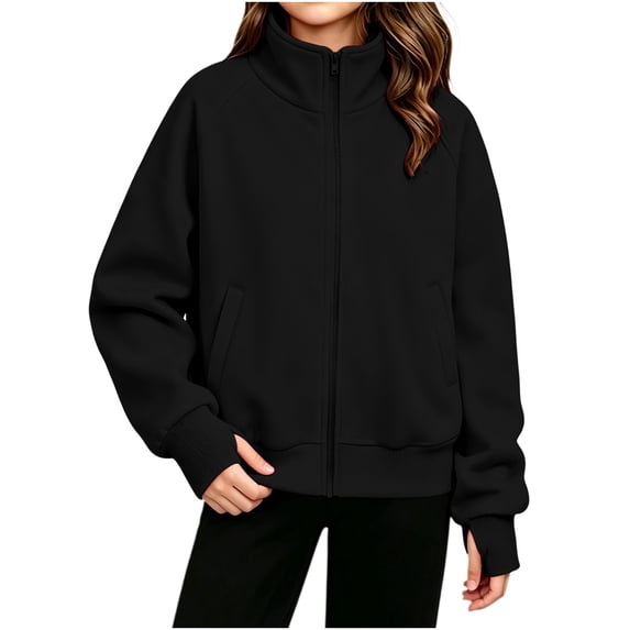 Girls Zip Up Sweatshirt with Pockets Long Sleeve Casual Loose Fit Turtleneck Kids Track Jacket Black 6