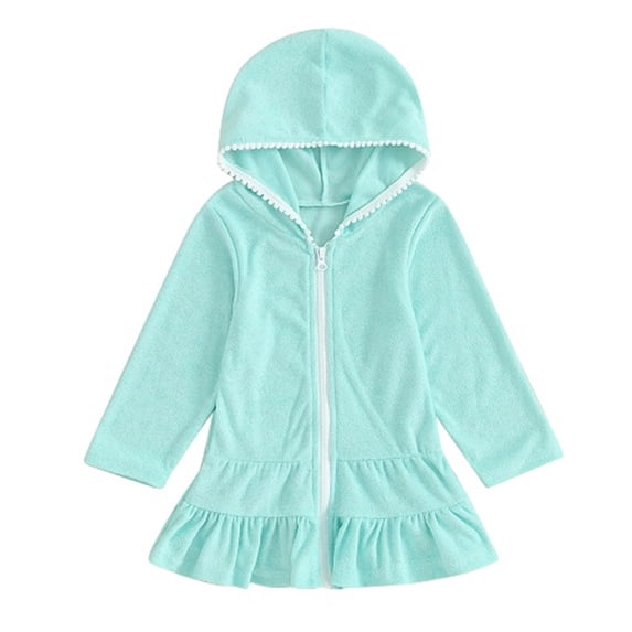 Girls' Zip-Up Swim Cover Up Robe Hooded Long Sleeve Ruffled Beach Dress Lightweight Cover-Up for Beach Resort Wear