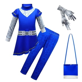 Girls 4-Piece Halloween Costume Set Blue Cosplay Dress with Pants Gloves Bag