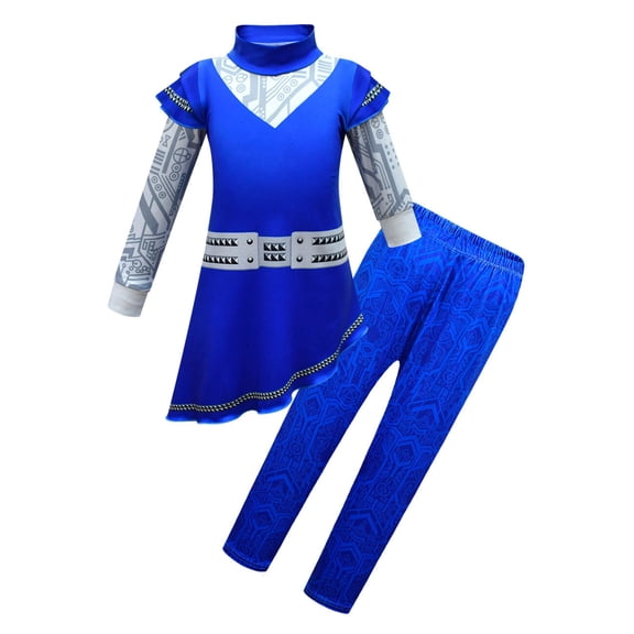 Girls 2-Piece Halloween Costume Set Blue Cosplay Dress with Pants